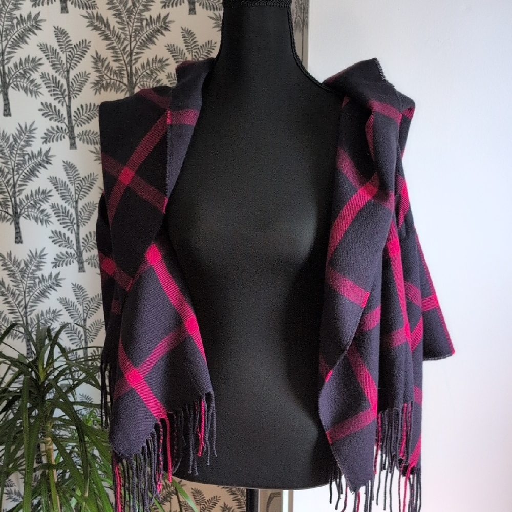J. Crew Navy & Red Plaid Fringe Shawl NWT